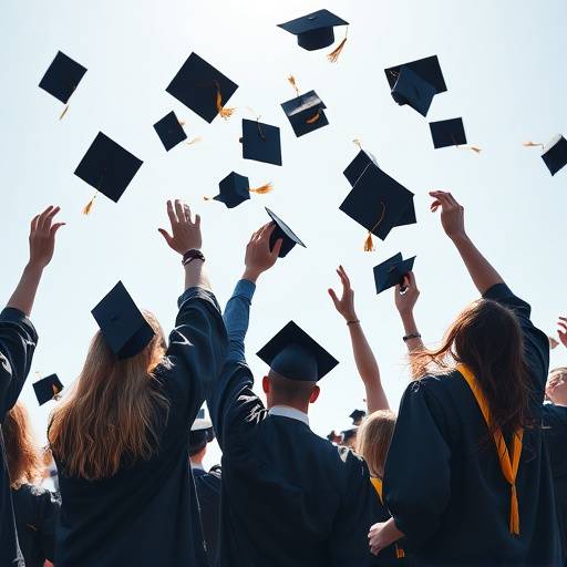 Estudiantes celebrando su graduación, lanzando birretes al aire.