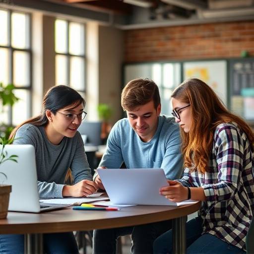 Grupo de estudiantes trabajando colaborativamente en un proyecto en un espacio de coworking.