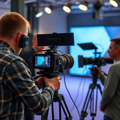 Un equipo de profesionales audiovisuales trabajando en la producci贸n de un video, utilizando c谩maras, micr贸fonos y luces.