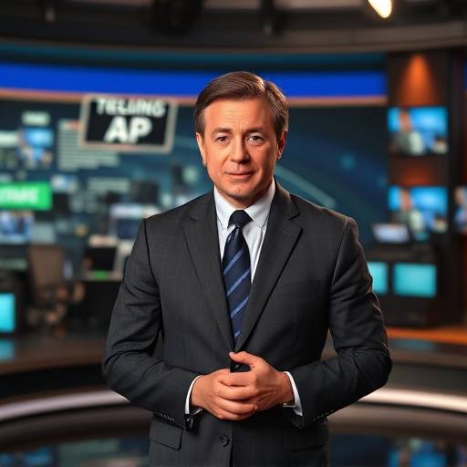 Una presentadora de noticias en un estudio de televisión. Ana García anuncia los nuevos programas de TeleEstudioGlobal.