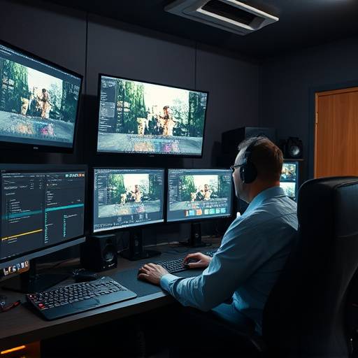 Una sala de edici贸n de video con m眉ltiples monitores, equipos de audio y un editor trabajando en un proyecto.